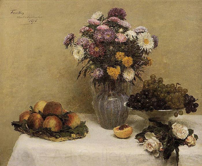 Henri Fantin-Latour White Roses, Chrysanthemums in a Vase, Peaches and Grapes on a Table with a White Tablecloth Norge oil painting art
